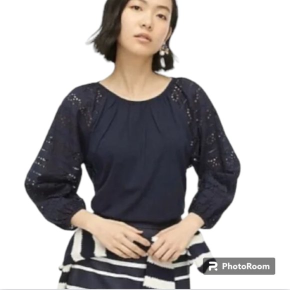 J. Crew Navy Cotton Blouse with Eyelet Lace Sleeves Size Small - Picture 1 of 6